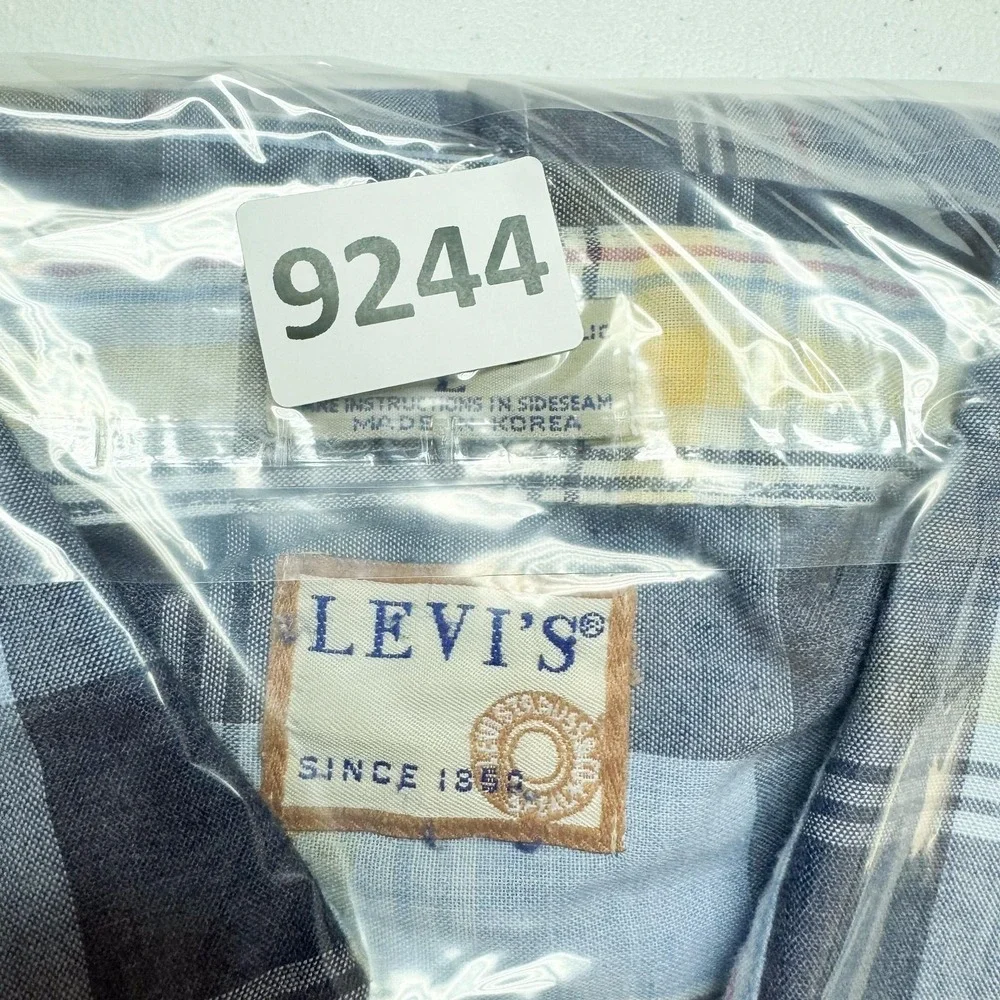 VTG Levis Shirt Mens Large Blue Yellow Plaid Button Up Long Sleeve Western Korea